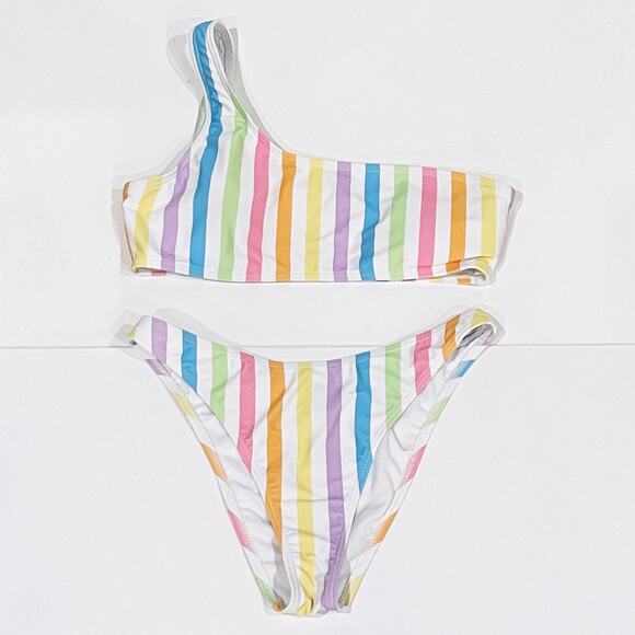 South Beach US8 Textured Bikini Pastel Stripe One Shoulder High Cut Swimsuit - Picture 5 of 12